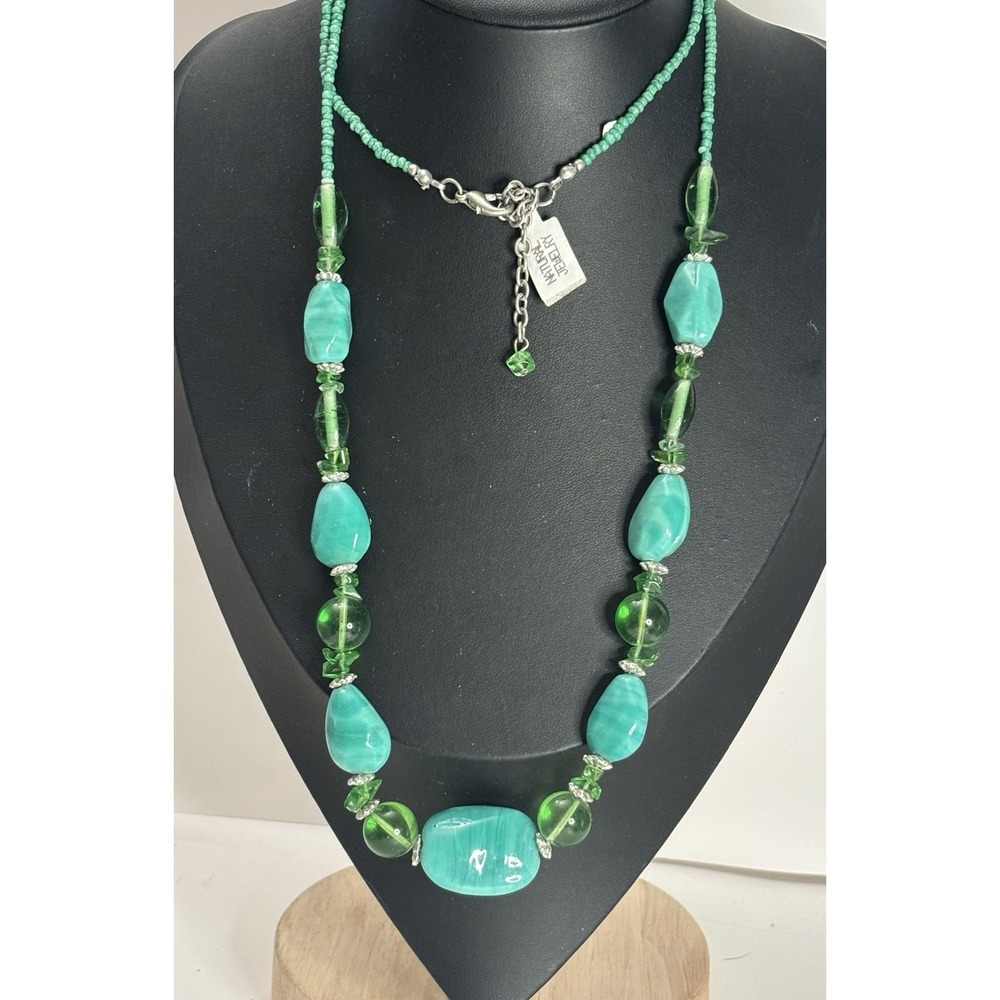 Stone & Glass Bead Necklace 36" Chunky Blue Green Natural Jewelry